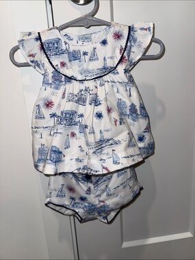Janie and Jack White Nautical Print Top & Bloomers - Blue & Red